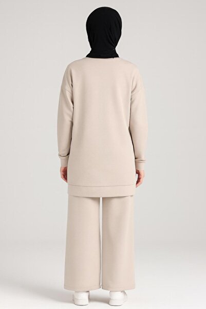 Sfg Life Moda Women's Beige Hijab Clothing Stylish Elegant Bird Stone Detailed and Crew Necktunic & Pants Two Piece Set