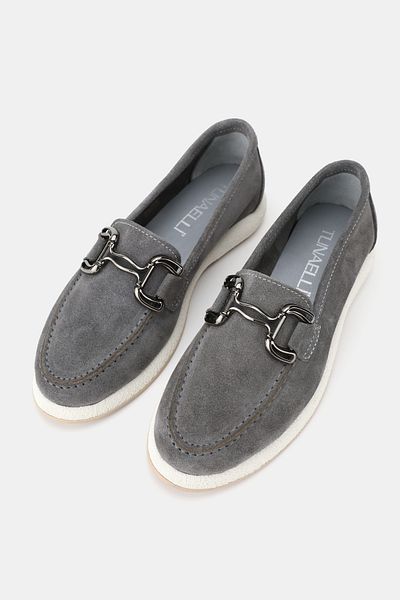 TUNAELLİ Women's Gray Suede Genuine Natural Leather Number 36-41 Buckle Loafer Shoes