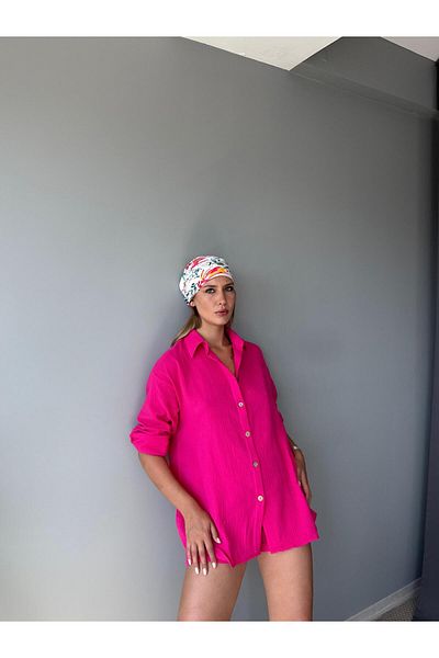 AlisaSu Pink Button Front Shirt Elastic Waist Shorts Cotton Muslin Double Set