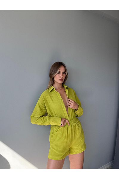 AlisaSu Button Front Shirt Elastic Waist Shorts Cotton Muslin Double Suit