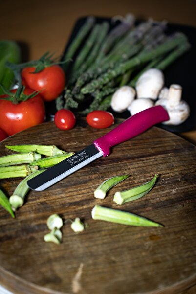 Solingen Pembe Ava Simli Sebze Bıçağı – 22 cm, Tırtıklı Ağız, Paslanmaz Alman Çeliği