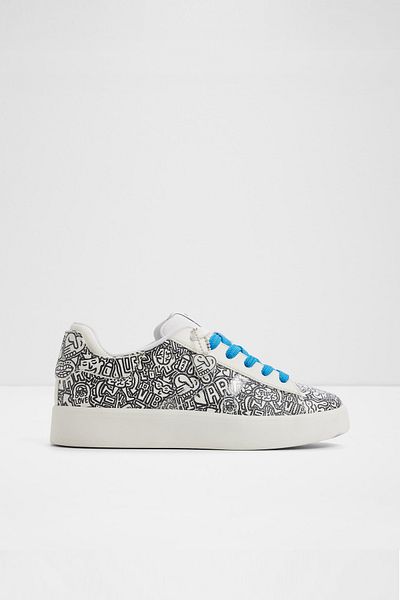 Aldo Tgoodman01 - Women's White/Black Scribble Pattern Blue Lace-Up Sneaker