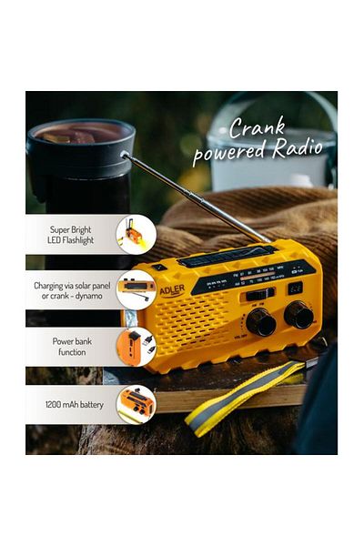 adler Radio solar with crank AD 1197, 1200 mAh Battery, 8-hour Autonomy, Flashlight, USB, SOS Alarm