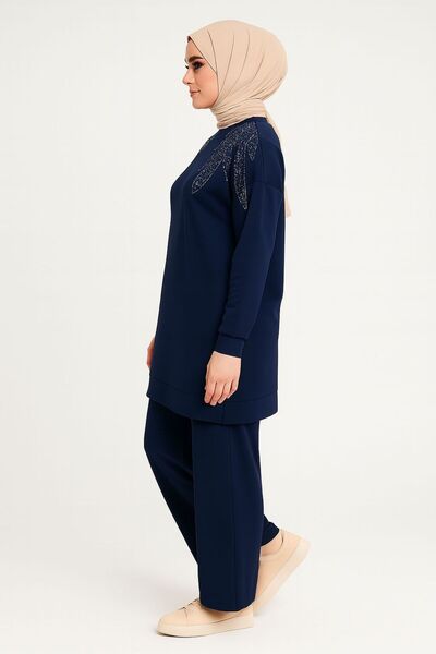 Sfg Life Moda Women's Navy Blue Hijab Clothing Elegant Stone Detailed Tunic & Trousers Double Set