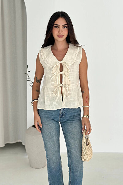 AsprinFashion guler tip Peter Pan Cămașă cu șireturi crem