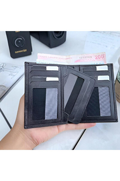 MODA محفظة رجالية من الجلد الطبيعي باللون الأسود - مع حامل بطاقات، ومقصورة شف...