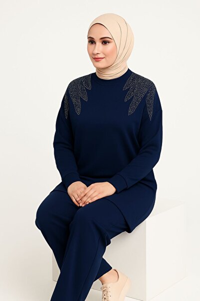 Sfg Life Moda Women's Navy Blue Hijab Clothing Elegant Stone Detailed Tunic & Trousers Double Set