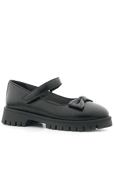 Rakerplus Black Wrinkled Patent Leather Thick Soled Velcro Girls' Ballerinas