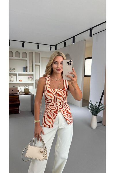 Sezgi Tekin Square Collar Tile Wave Pattern Linen Vest