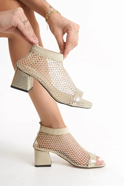 Melacomfort Women's Stone Detailed Mesh Heeled Sandals Gold Color Summer Shoes