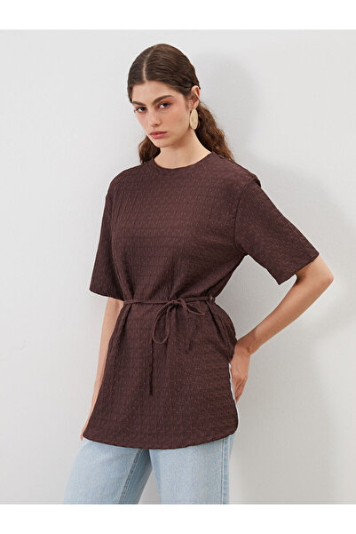 LC Waikiki Brown Crew Neck Textured Blouse