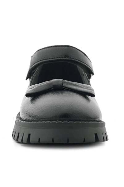 Rakerplus Black Wrinkled Patent Leather Thick Soled Velcro Girls' Ballerinas
