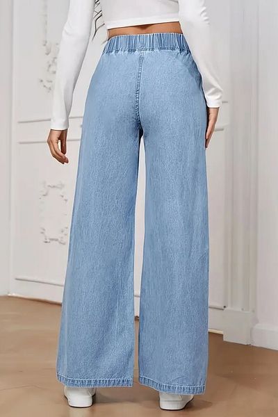 CEDY DENIM - Women's Summer Thin Fabric Pocketless Waist Elastic Palazzo Pants C630-Iceblue