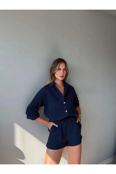 AlisaSu Button Front Shirt Elastic Waist Shorts Cotton Muslin Double Suit