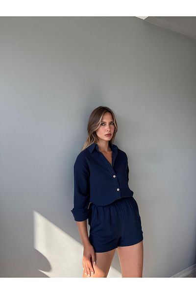 AlisaSu Button Front Shirt Elastic Waist Shorts Cotton Muslin Double Suit