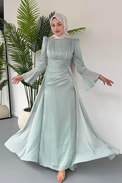 Modaensarbutik Yandan Büzğülü Zarif Jan Jan Tesettür Abiye-SU YEŞİLİ