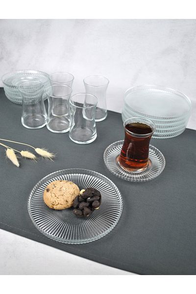 Qualitev 18-Piece Glass Tea Set Set - Cake Plate - Tea Cup and Tea Plate Modern Breakfast Set