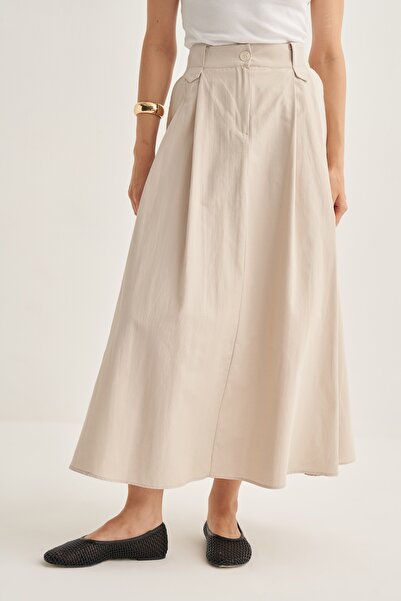 EBU Prive Kadın Poplin Pileli Etek Bej