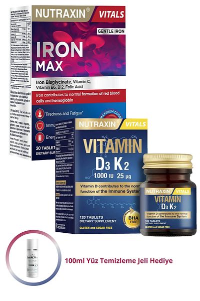 Nutraxin Iron Max 17Mg 30 Tablets and D3K2 120 Tablets Double Advantage Set + 100ml Gel Gift