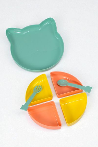 İronika Kitty 7 Piece Kitten Model Kids Baby Fork Spoon Plate Meal Nutrition Set Food Plate - Yellow