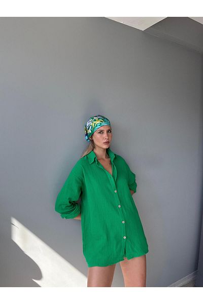 AlisaSu Button Front Shirt Elastic Waist Shorts Cotton Muslin Double Suit