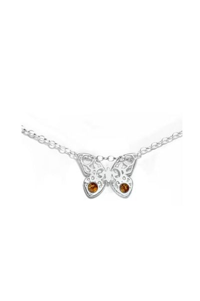 OEN Silver necklace with cognac brown amber, butterfly pattern, length 45 cm