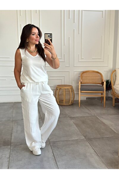 Yağmur Butik Παντελόνι μουσελίνας με φαρδιά μπατζάκια και ελαστική μέση