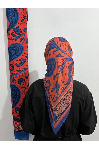 AMİNENESİL Soft Cotton Ethnic Pattern Orange Saks Color Scarf