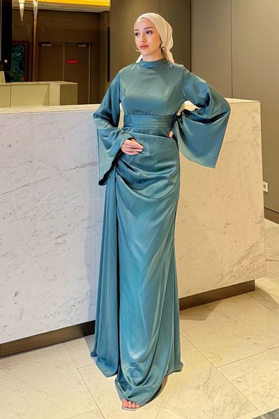 Tesettür Diyarı Women's Arabella Cape Satin Fish Evening Dress-Mint