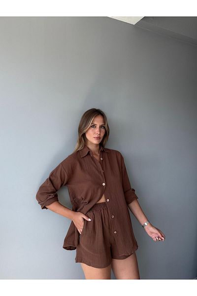 AlisaSu Button Front Shirt Elastic Waist Shorts Cotton Muslin Double Suit
