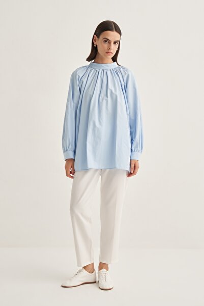 EBU Prive Bluză de damă din poplin cu gât înalt, albastru