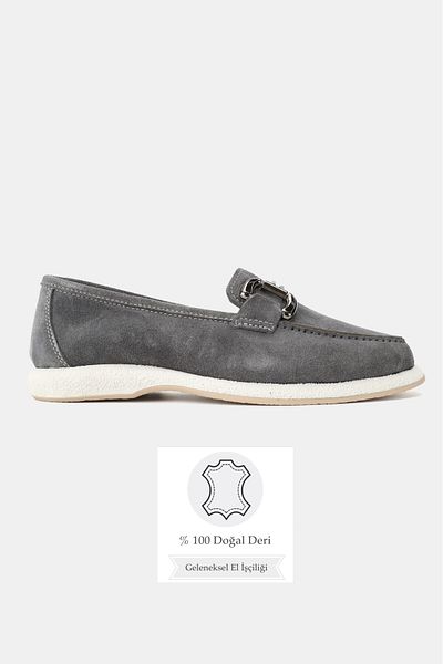 TUNAELLİ Women's Gray Suede Genuine Natural Leather Number 36-41 Buckle Loafer Shoes