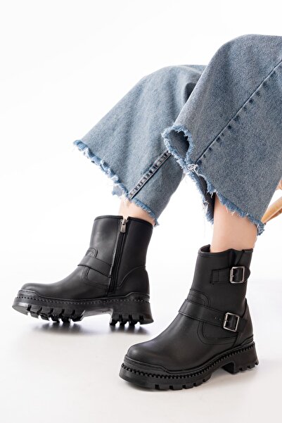 Budi 2051-2014 Black Buckle Flat Heeled Buckle Zippered Daily Women's Boots