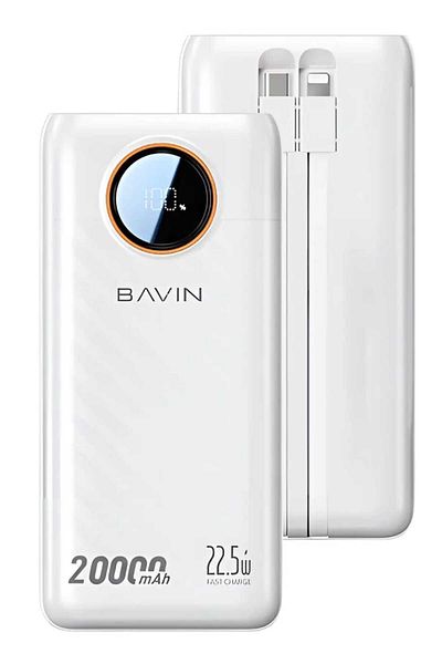 Bavin 20000mAh 22.5W Power Bank with PD Port, USB Ports, 2 Built-in Cables, and White Display