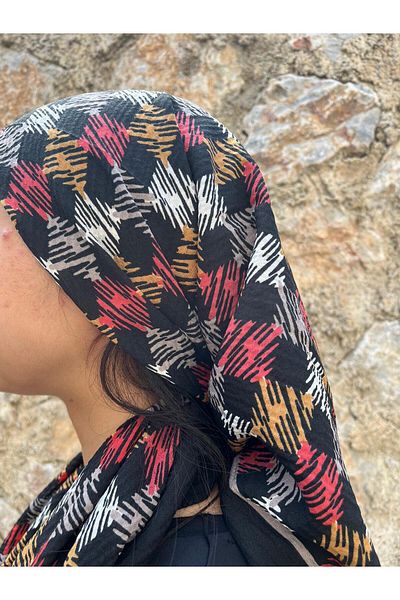Sobe Hediyelik Ethnic Pattern Cotton Writing on Black Background – Colorful Square Motif Headscarf