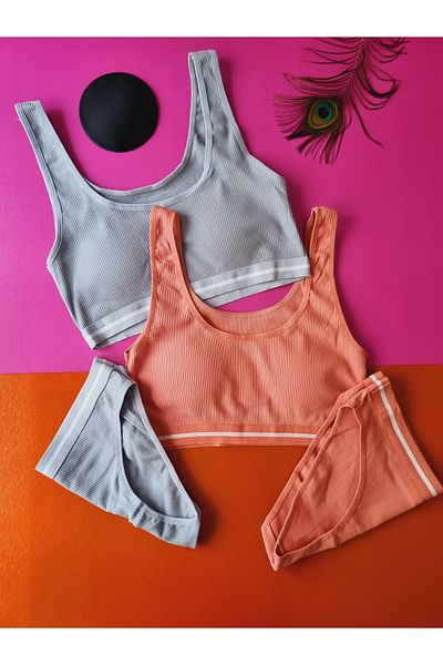 Demirsa Boutique Camisole Fabric 2-Piece Dusty Rose and Blue&Gray Color Pad Bra Panty Set