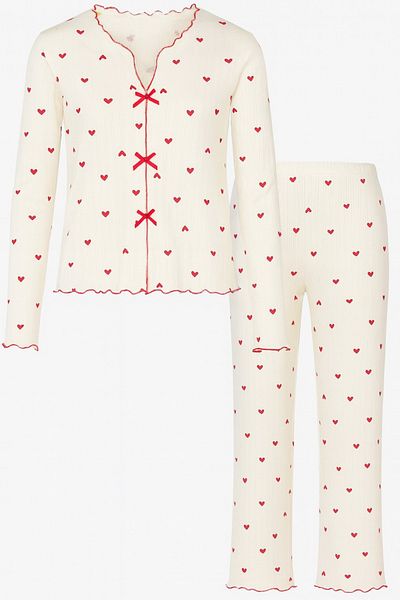 koza iç giyim Women's Cotton Crispy Flower Patterned Baby Overlock Bow Detailed Long Sleeve Pajamas Set