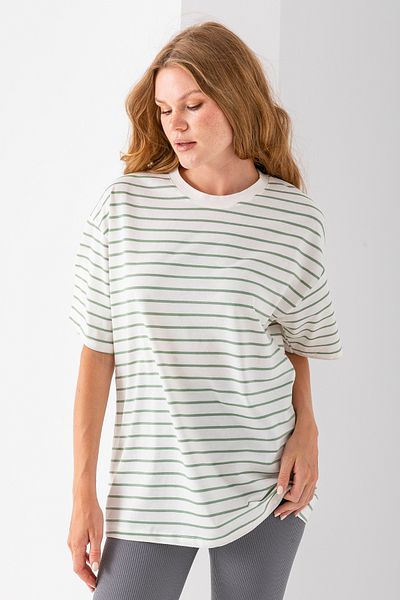 GİYSA Women's Crew Neck Oversize Basic Striped T-Shirt Light Green - 25700