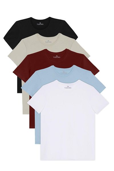 Tudors Unisex 5 Pkt Black-White-Burgundy-Cagla-Light Blue Slim Fit Slim Fit 100% Cotton Crew Neck T-Shirt