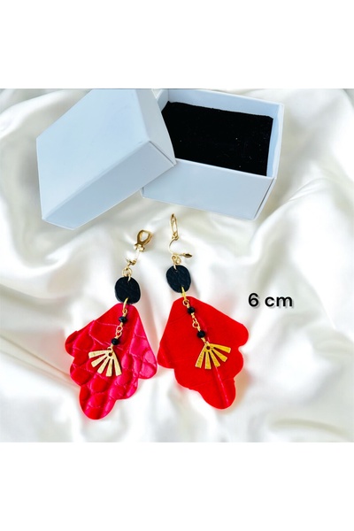 1PARÇAMAVİ Women's Clip-On Earrings for Ear Without Hole Red Rustic Authentic