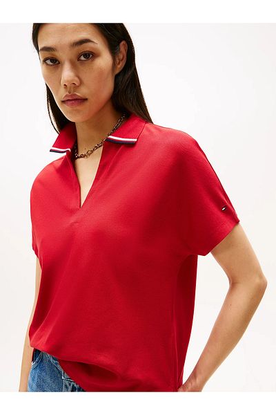 Tommy Hilfiger Women's V-Neck Short Sleeve Plain Woven Fabric Red Polo Neck T-Shirt Ww0Ww46512-Xld