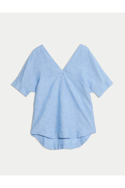 Marks & Spencer Saf Keten V Yakalı Relaxed Popover Bluz