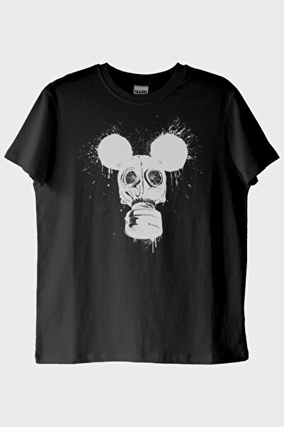 NUUGG تي شيرت أسود مع قناع غاز وتصميم أذني فأر