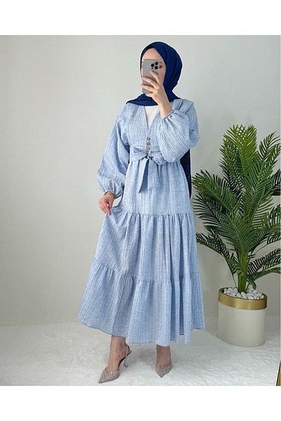 GALAVİP Women's Suitable for Hijab Seersucker Linen Balloon Sleeve Blouse Skirt 2-Piece Set