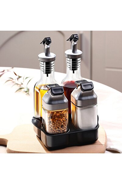 divendi-ro Spice and olive oil containers set, 5 pieces, with holder, glass, plastic and stainless steel