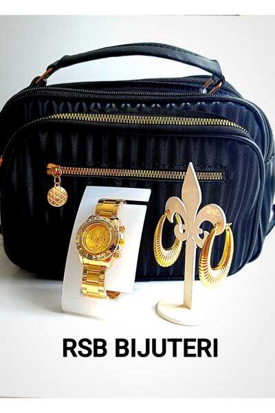 RSB Küpe Oval, Çanta ve Saat Altın Kaplama 316 L Çelik 3'lü Set