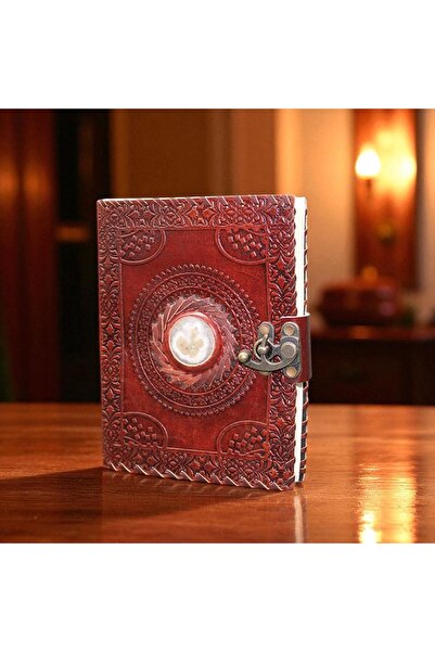 Kuzey Tacı Handmade Red Leather Cover Notebook – Vip with Natural Stone and Vintage Lock Detail