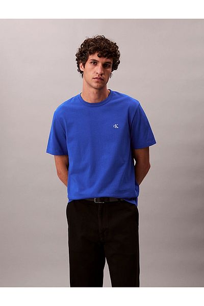 Calvin Klein Men's Regular Fit Round Neck Chest Ck Logo Cotton Short Sleeve Blue T-Shirt Lv04Rc275G-Ynm