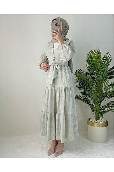 GALAVİP Women's Suitable for Hijab Seersucker Linen Balloon Sleeve Blouse Skirt 2-Piece Set