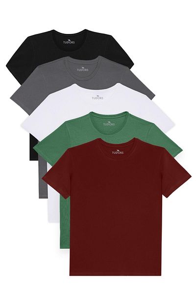 Tudors Unisex 5-Pack Black-White-Burgundy-Yellow-Grey Slim Fit Slim Fit 100% Cotton Crew Neck T-Shirt